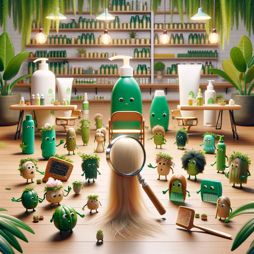DALL·E 2024-03-02 23.54.24 - Envision a humorous scene in an organic hair salon, where a single lost hair becomes the main attraction. This salon is filled with eco-friendly, biod